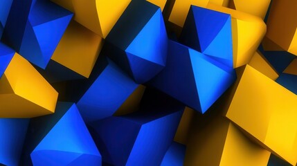 Soft polygonal mesh shows yellow and blue shapes arranged in a dynamic pattern during a digital art creation process in a virtual space