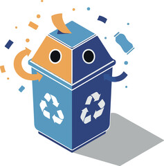 Blue Orange Recycling Bin with Arrows and Bottles Flat Isometric Vector
