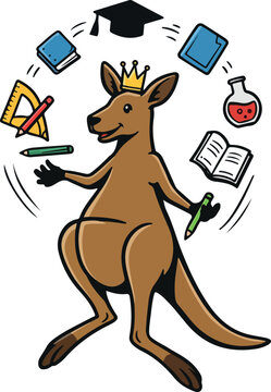 Clever Kangaroo King Juggles School Books and Science Gear