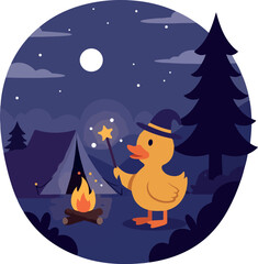 Naklejka premium Cute Duck Wizard Camping Night Fire Dark Blue Sky Moon Stars