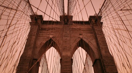 Fototapeta premium Brooklyn Bridge: A captivating view of the iconic bridge, its intricate structure reaching towards the sky, bathed in a warm, sepia tone. The scene evokes a sense of grandeur and timelessness.
