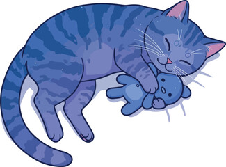 Blue striped cat sleeping with a teddy bear vector illustration