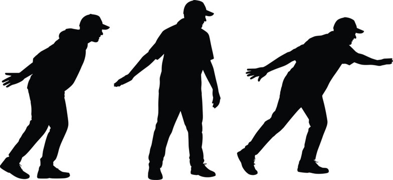 Man throwing ball silhouette set with baseball player pitching poses in motion isolated on white background vector illustration