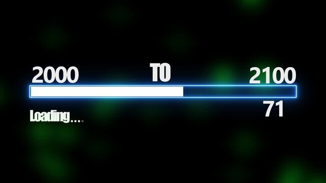 New year 2100 loading bar animation, Loading bar from 2000 to 2100 new year transfer animation. Almost reaching New Year on black background. Welcoming the happy new year 2100. alpha channel 4k video