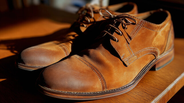 nubuck. A pair of light brown nubuck leather shoes showing fine texture and patina. lifestyle magazines, social media lookbooks, designed for lifestyle magazines and social media content.
