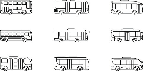 Modern city bus side view outline icon collection with different urban public transport designs isolated on white background vector illustration set © Shirina