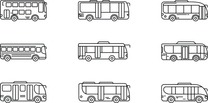 Modern city bus side view outline icon collection with different urban public transport designs isolated on white background vector illustration set