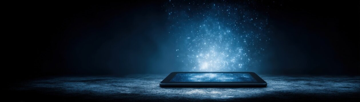 A tablet emits a sparkling, magical blue light, illuminating the dark surrounding surface with a futuristic and mysterious glow, goal reached, success at sight with AI