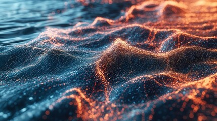 Digital wave forms created with particles moving in a smooth manner against a dark background during a virtual scene