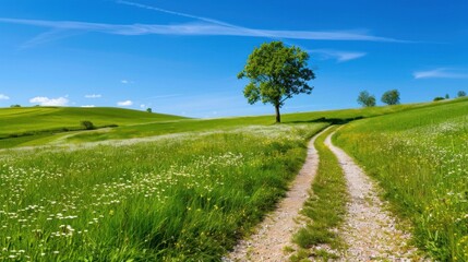 Fototapeta premium Serene Country Path in Lush Green Meadow with Blue Sky and Isolated Tree