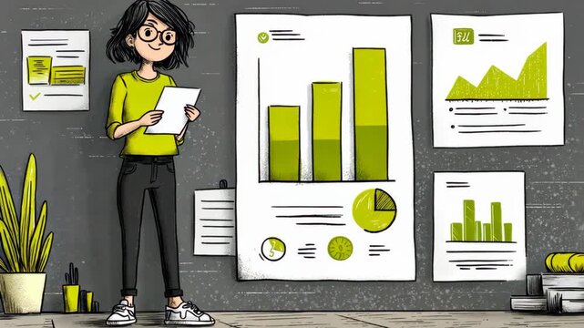 Cute cartoon animation of a woman smiling to camera with a business performance graph behind her, representing success, growth, and confident professional achievement.