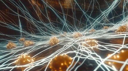 Exploration of a cybernetic background with complex AI highlighting neural connections and data paths in a digital environment