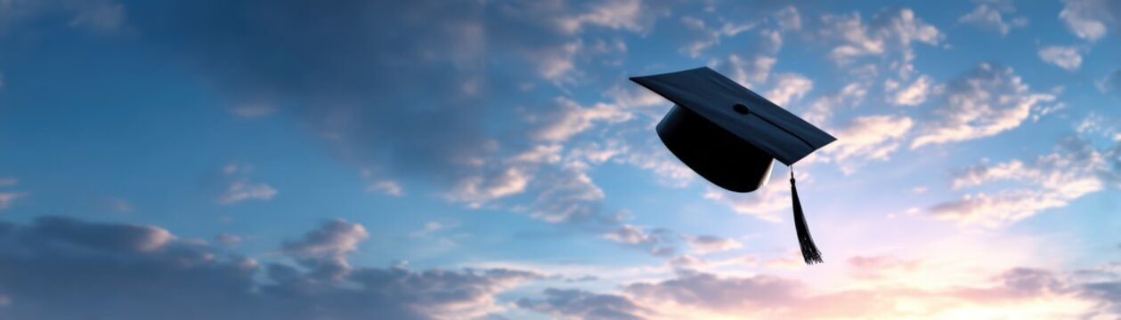 A graduation cap soars into a vibrant sky at sunset, achievement and new beginnings, success at sight with AI