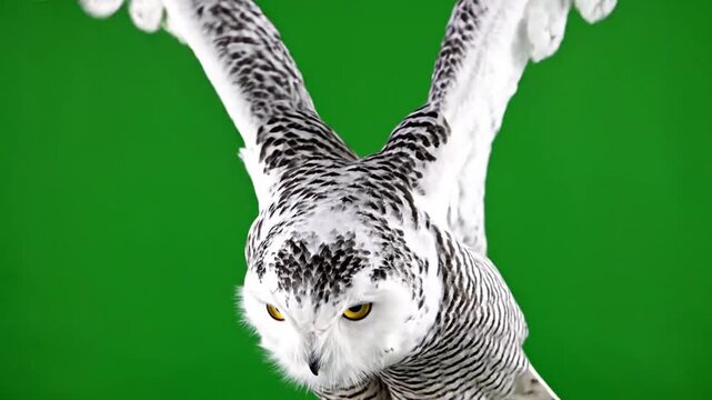 A majestic snowy owl with outstretched wings flying against a vibrant green screen, its intense yellow eyes focused forward.