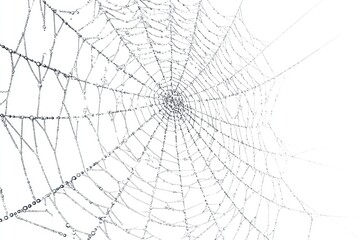Obraz premium A glistening spiderweb, radiating from center, with subtle droplet accents against white