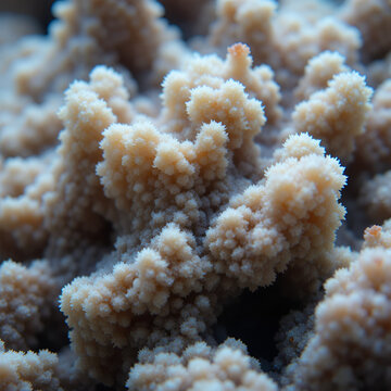 Close-up coral tissue showing partial bleaching with gradual loss of zooxanthellae pigments, detailed polyp structure in underwater natural light.