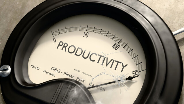 Productivity meter showing high levels of productivity. Dangerously increasing values of productivity, critical overload. Too much, off the charts. Max productivity ,3d illustration