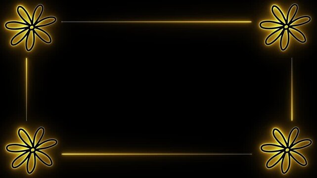 Gold flower frame. Neon floral border. Luxury motion loop. Wedding video art. Glowing petal bg. Elegant frame vec. Shimmering border. Floral overlay. Yellow neon light. Premium event art.