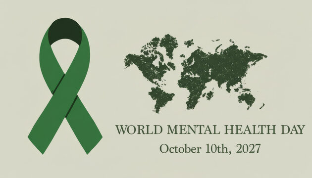 World Mental Health Day October 10 Green Ribbon and World Map on Beige Background