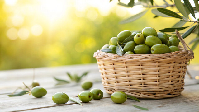 Basket full of fresh green olives on a wooden table in a garden setting