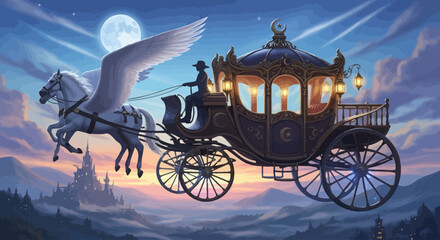 Fototapeta premium A majestic flying horse-drawn carriage soars through a serene evening sky with a full moon, surrounded by soft clouds and distant mountains.