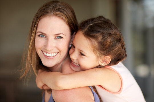 Love, piggyback and smile of mother with daughter in home together for bonding or having fun. Happy, playful and portrait of single parent woman with girl child in apartment for relationship security