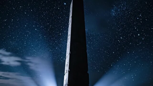 Tall monolith structure illuminated by spotlights under a starry night sky.