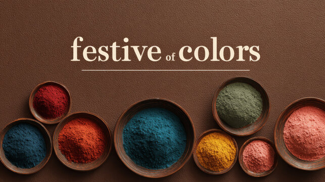 Festival of Colors Holi Banner with Colorful Powder Bowls on Brown Textured Background
