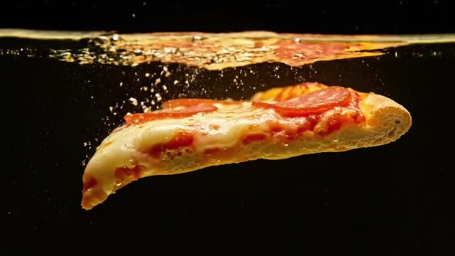 A slice of pepperoni pizza submerged in water with bubbles rising, creating an unusual and artistic food concept.