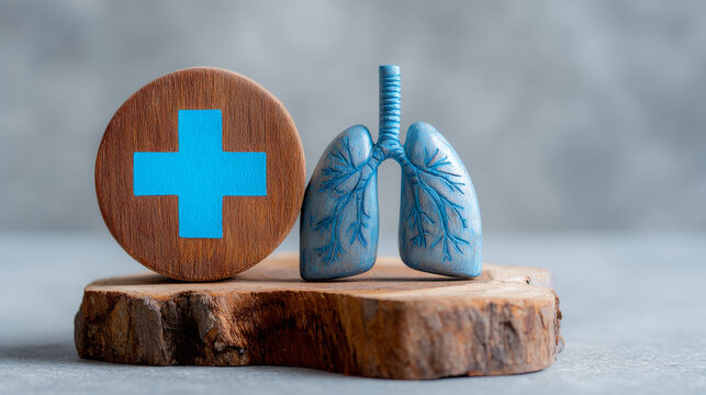 Blue Medical Cross on Wooden Round Base Next to Blue Lungs Model on Wood Slice