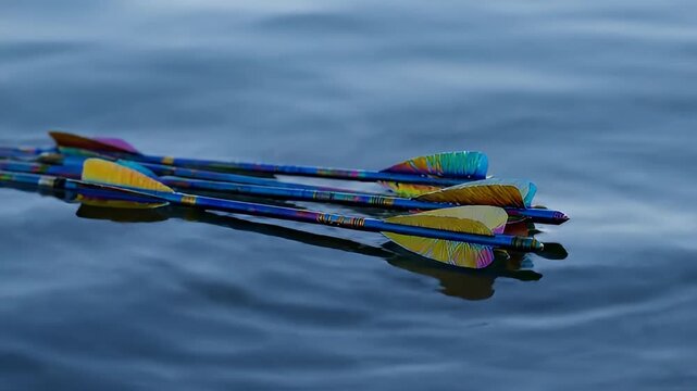 Arrows floating on calm water surface.