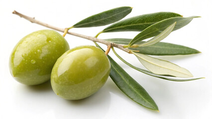 Two green olives on a branch isolated on white background, closeup view © Fx Studio
