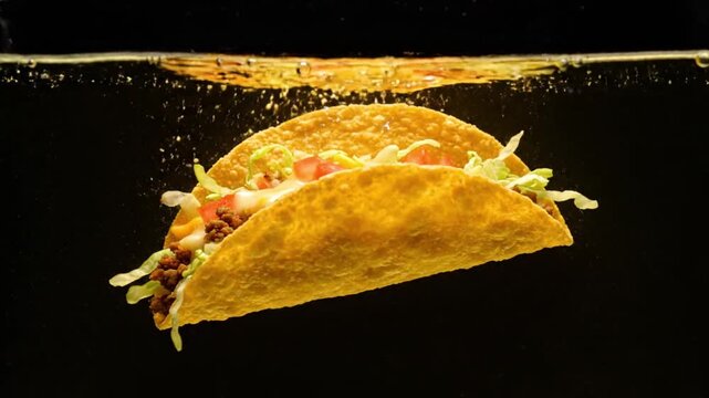 A crispy hard-shell taco filled with meat, lettuce, and cheese, submerged in water with a golden reflection above.