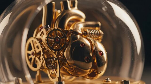 Intricate Golden Mechanical Heart Sculpture Under Glass Dome with Ruby Accents and Gears