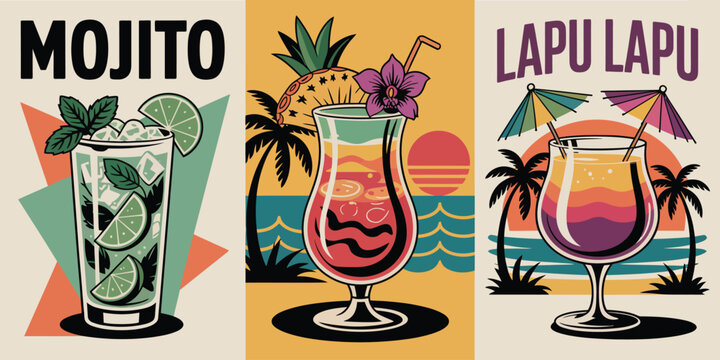 Cocktail poster set, vintage Mojito Zombie and Lapu Lapu retro triptych art
