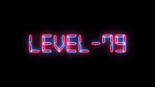 Abstract glowing neon level 1 to 79 isolated on black background. Trendy glow lighting line animation.