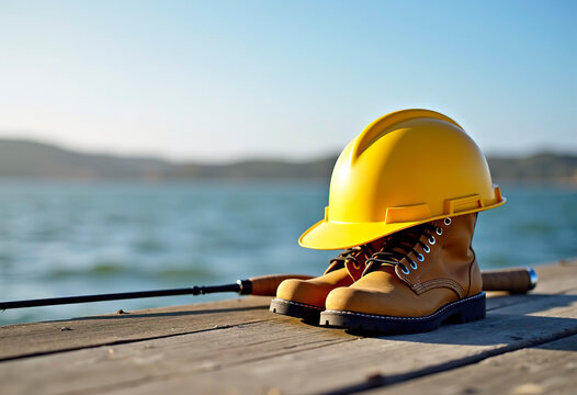 Hard hat and work boots left on a pier, fishing rod next to them. Construction worker's day off.