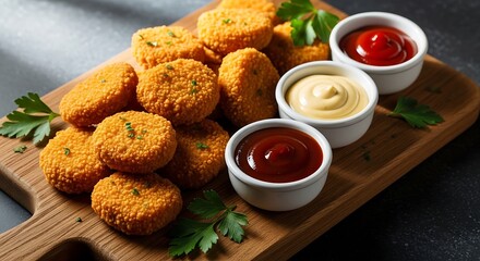 Crispy fried savory pieces served on a wooden board alongside assorted dipping sauces