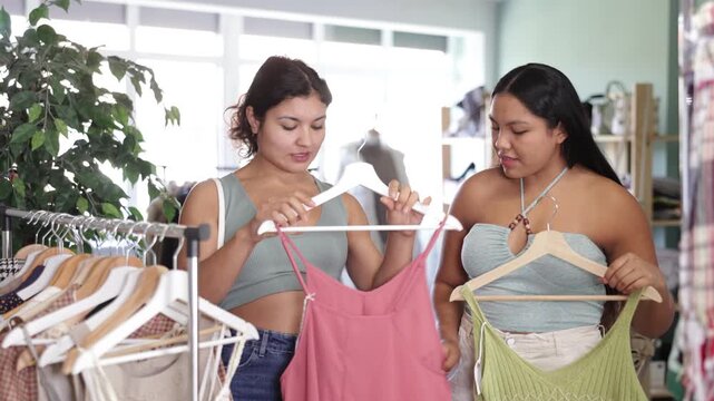 Two Latins stand near the rail with clothes, they choose summer dresses and tops for hot weather. Women buying comfortable clothes for Latin dances and for bachata parties