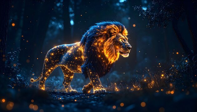 A glowing lion made of galaxies walks through a dark forest at night.