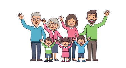 Happy Multigenerational Family Cartoon Illustration &ndash; Joyful Parents, Children and Grandparents Vector Art