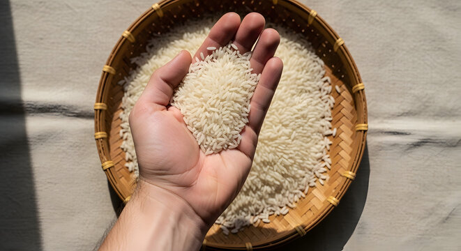 Hand holding raw white jasmine rice over a traditional woven bamboo tray, high quality long grain rice, organic agriculture concept.
