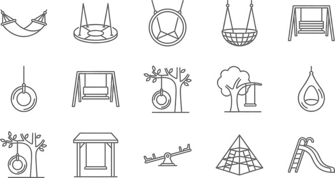 Playground Equipment Line Icons Set Featuring Swings Slides Seesaw Climbing Frame Treehouse and Outdoor Park Elements