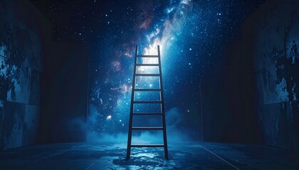 A ladder stretches from a small room into the vast outer space.