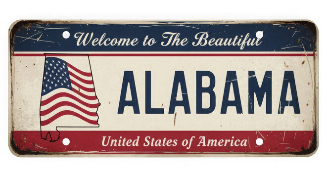 Vintage alabama welcome to the heart of dixie license plate with american flag isolated on transparent background