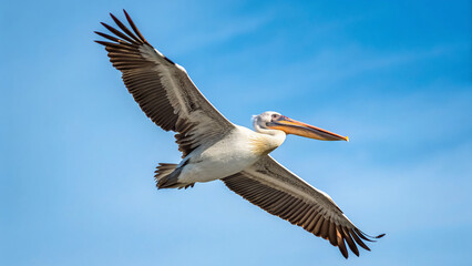 Pelican flies in the sky above the water during the day in a coastal area with clear weather and bright blue sky