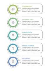 Five step workflow infographic with circular elements and arrows