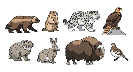 Fototapeta premium Diverse Arctic and mountain wild animals collection.