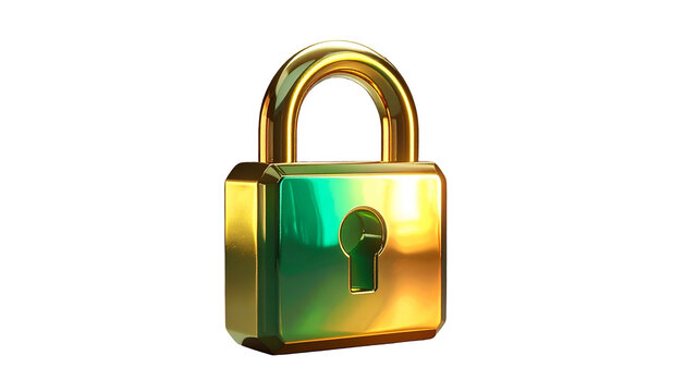 A shiny gold padlock, glowing with emerald reflections, isolated on a black background