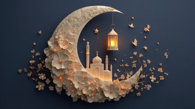 Ramadan Kareem Floral Crescent Moon with Golden Mosque, Illuminated Arabic Lantern and Stars on Dark Background.